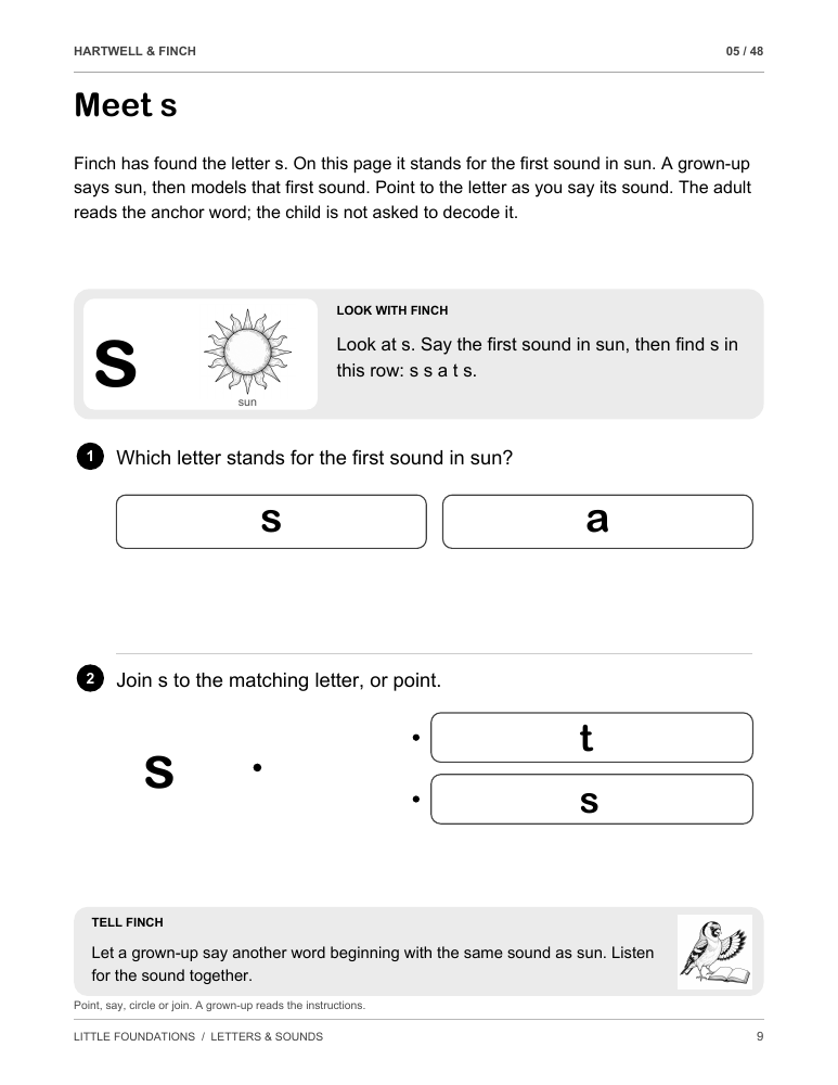 Sample lesson: Meet s, with a sun illustration and letter-matching activity