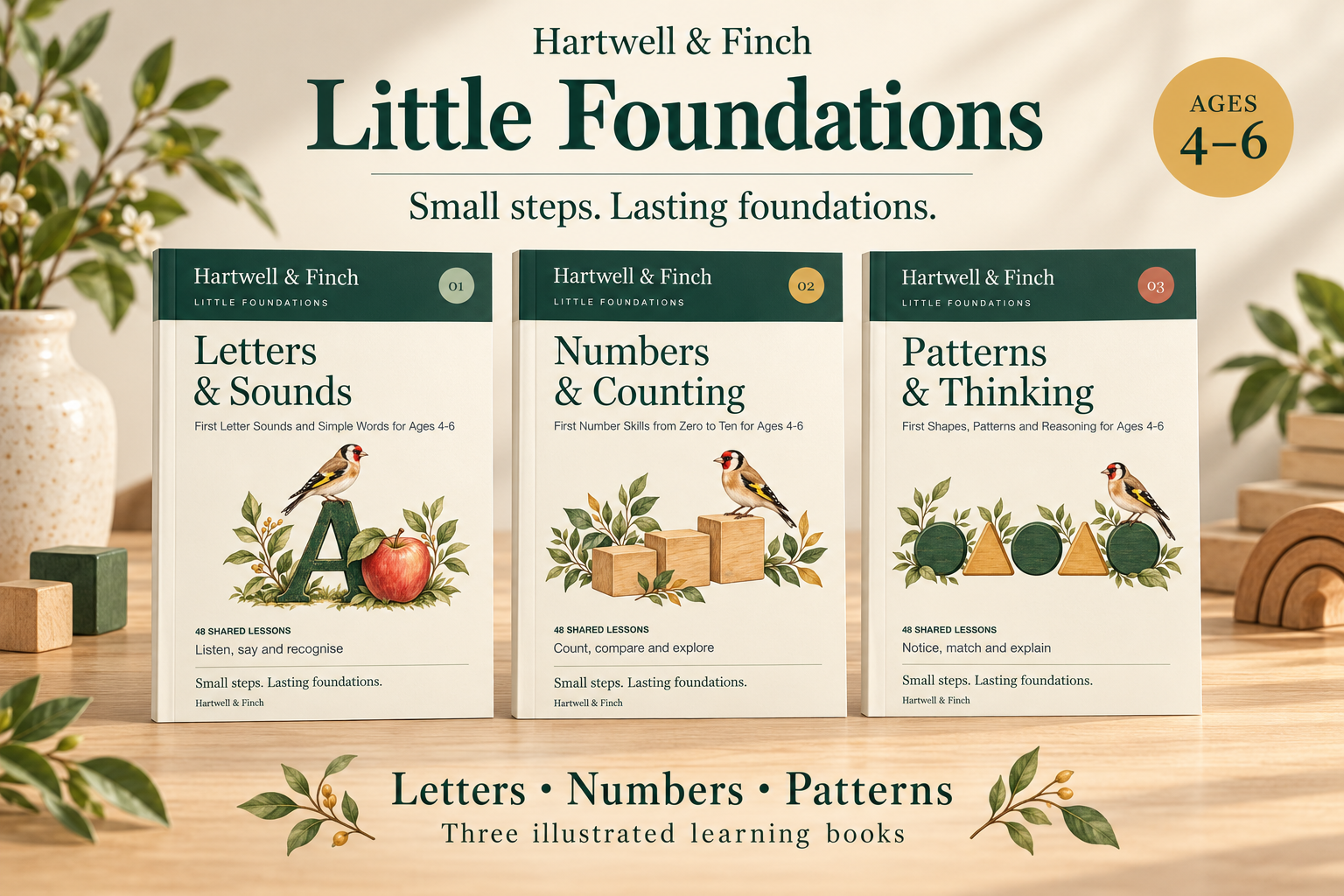 The three Little Foundations books displayed together on a wooden table with botanical decorations